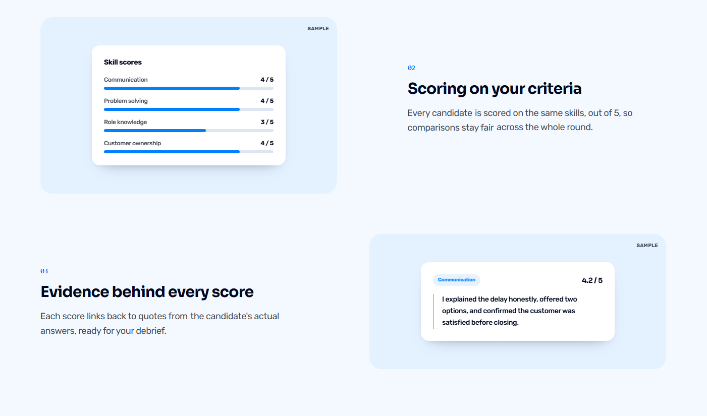 Gahiz interview workspace showing skill scoring and answer evidence