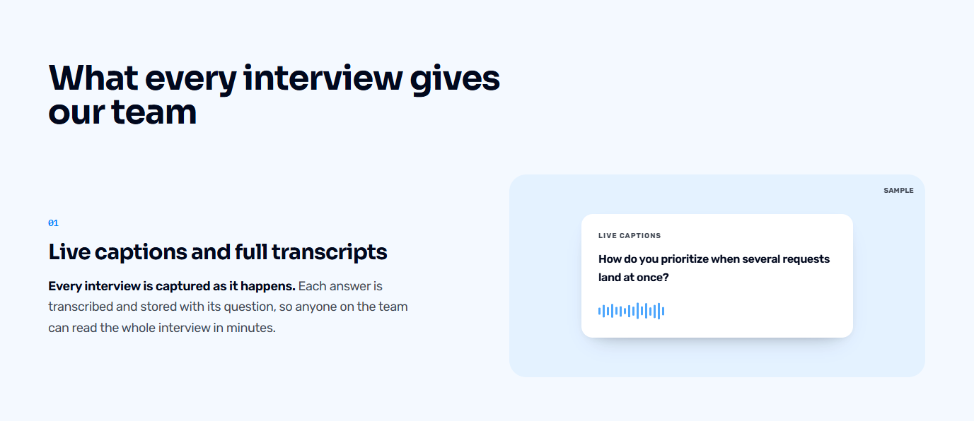 Gahiz interview workspace showing live captions and full transcripts